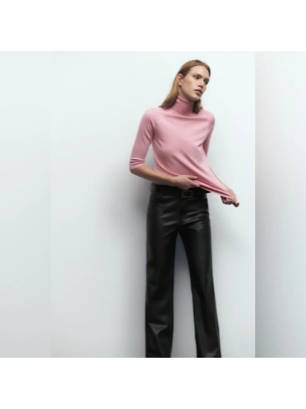 Zara High Collar Turtleneck Fine Ribbed Knit 3/4 Sleeve Sweater in Pink - Picture 8 of 14